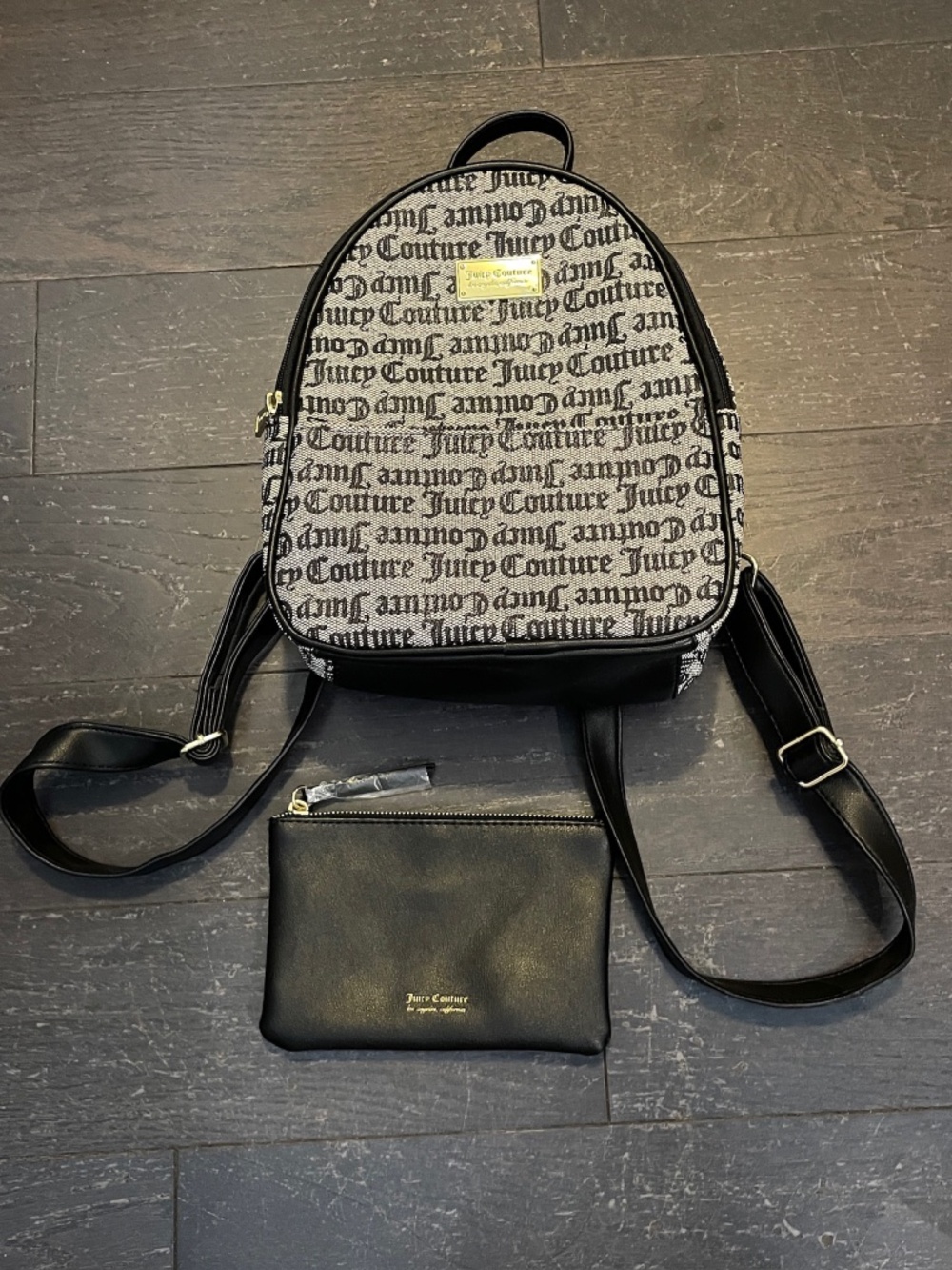 Juicy Couture mini backpack Black Gray Spellout Logo bag with black pouch bag